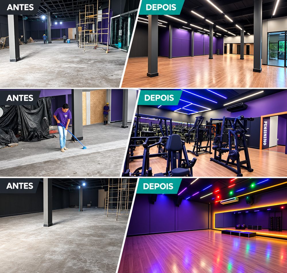 Antes e depois de uma limpeza pós-obra realizada pela Help Gestão e Serviços